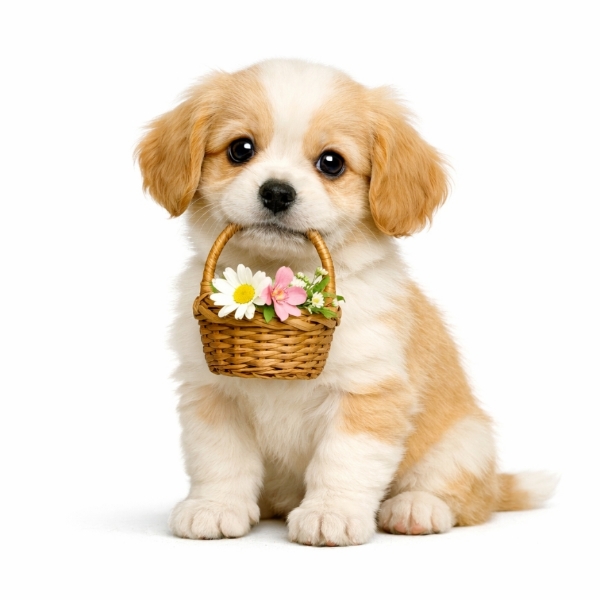 a puppy presenting a basket of flowers 